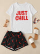 Letter Print Top & Drawstring Waist Shorts PJ Set