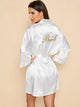 Letter Embroidered Self Belted Satin Bride Robe