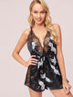 Crane Print Lace Insert Satin Cami Romper