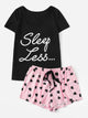 Slogan Tee & Heart Print Drawstring Waist Shorts PJ Set