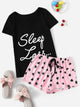 Slogan Tee & Heart Print Drawstring Waist Shorts PJ Set