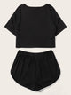 Slogan & Figure Print Top & Dolphin Shorts PJ Set