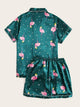 Flamingo Print Polka Dot Satin Pajama Set