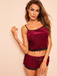 Lace Trim Velvet Cami Pajama Set