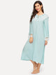 Tie Neck Contrast Lace Trim Bell Sleeve Nightdress