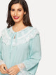 Tie Neck Contrast Lace Trim Bell Sleeve Nightdress