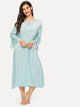 Tie Neck Contrast Lace Trim Bell Sleeve Nightdress
