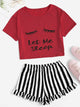 Graphic Tee & Frilled Striped Shorts PJ Set