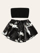 Rib-knit Bandeau & Crane Print Satin Shorts