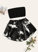 Rib-knit Bandeau & Crane Print Satin Shorts