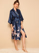 Crane Print Satin Belted Robe