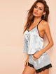 Contrast Lace Button Front Satin Cami PJ Set