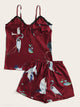 Crane Print Lace Trim Satin Cami PJ Set