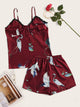 Crane Print Lace Trim Satin Cami PJ Set