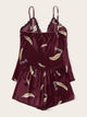 Feather Print Lace Trim Satin Cami PJ Set