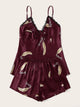 Feather Print Lace Trim Satin Cami PJ Set