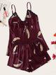 Feather Print Lace Trim Satin Cami PJ Set