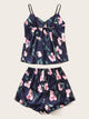 Floral & Leaf Print Satin Cami Pajama Set
