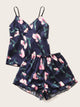 Floral & Leaf Print Satin Cami Pajama Set