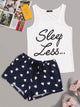 Letter Print Top & Drawstring Waist Shorts PJ Set