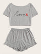 Letter Print Ruffle Hem Pajama Set