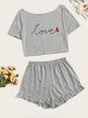 Letter Print Ruffle Hem Pajama Set