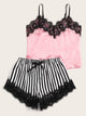 Eyelash Lace Satin Cami With Striped Shorts