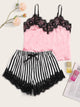 Eyelash Lace Satin Cami With Striped Shorts