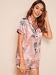 Leaf & Crane Print Satin Pajama Set