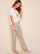 Cat Print Top With Striped Pants PJ Set