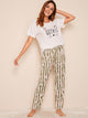 Cat Print Top With Striped Pants PJ Set
