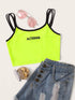 Neon Green Letter Print Double Strappy Crop Top