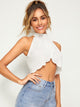 Asymmetrical Wrap Scallop Hem Crop Halter Top