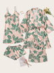 4pcs Tropical Print Satin Pajama Set With Robe