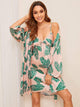 4pcs Tropical Print Satin Pajama Set With Robe