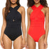 One Piece Swimsuit Black Red Solid Women Bathing Suits