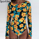 Print Floral One Piece Swimsuit Long Sleeve Swimwear