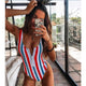 2019 Striped Swimwear One Piece Swimsuit Women Backless Monokini Swimsuit Sport Bodysuit Beach Bathing Suit Swim Red White