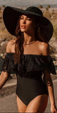 Ashgaily Black Lace Flounce Off Shoulder Swimsuit Women Sexy Bodysuit Monokini Swimwear Ruffle One Piece Swimsuit Bathing Suit