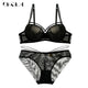 New Top Sexy Underwear Push up Bra Set Cotton Brassiere Deep V Black Lace Bra and Panty Sets Embroidery Women Lingerie Set Green