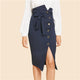 Blue Elegant Button Up Slit Hem Mid Waist Belted Workwear Skirts