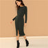 2pc/ Round Neck Long Sleeve Slim Fitted Top And Button Up Skirt Set