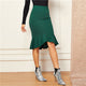 Casual Green Wide Waistband Fishtail Hem Knee Length Ruffle Bodycon Skirt