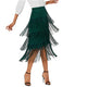 Green Tiered Fringe Pencil Office Vintage Elegant Midi Skirt